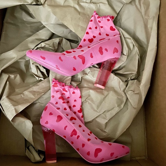 Sugar Thrillz Shoes - Sugar Thrillz Pink Ankle Boots with Red Heart Print